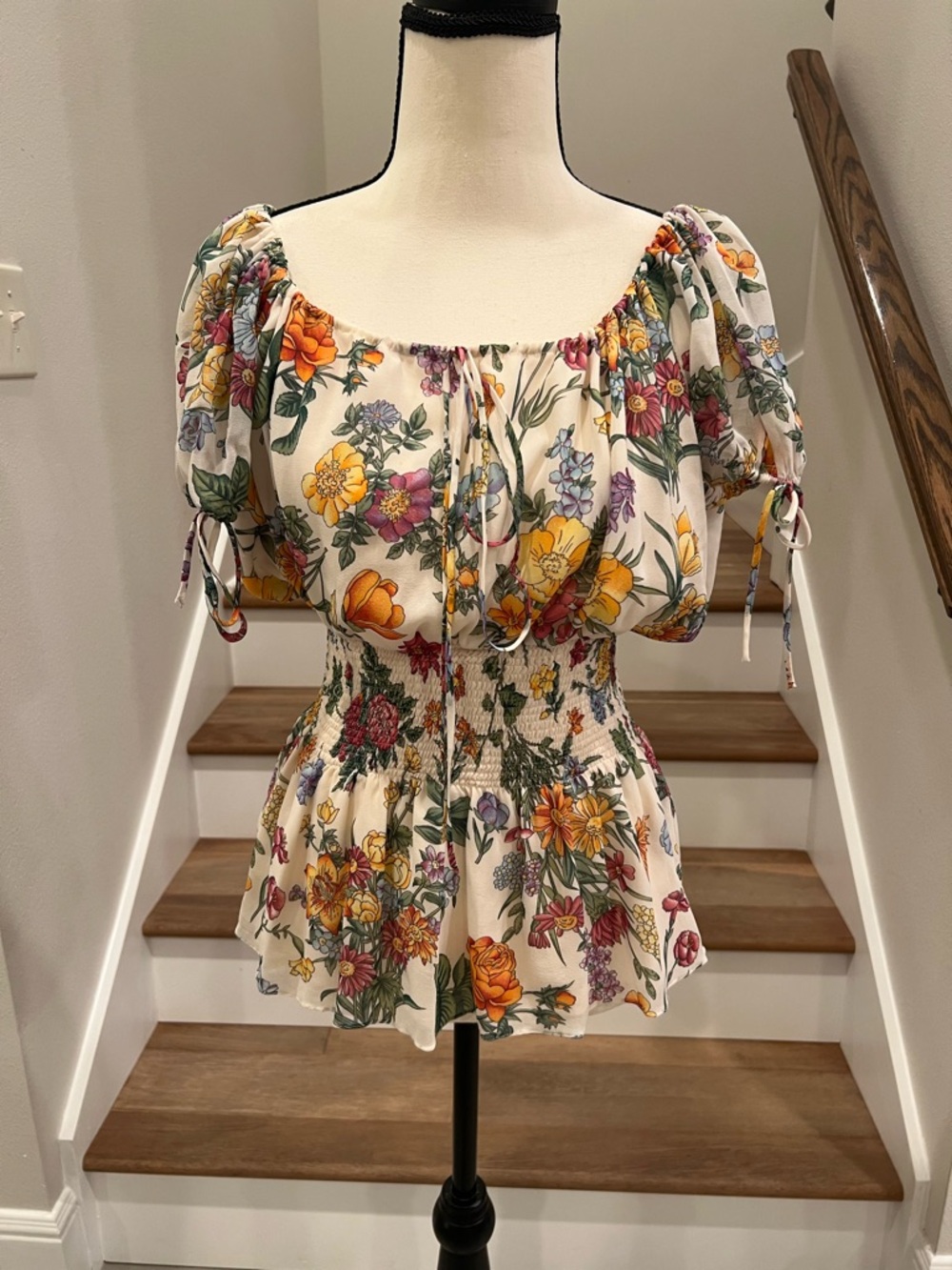 Silk Cream Floral Smocked Peasant Blouse with Puff Sleeves
